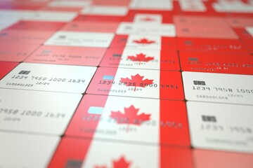 Flag of Canada on plastic bank cards. National banking related 3D rendering