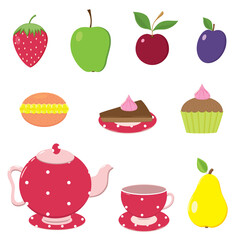Vector illustration with colorful objects, sweets and fruits for fun tea party