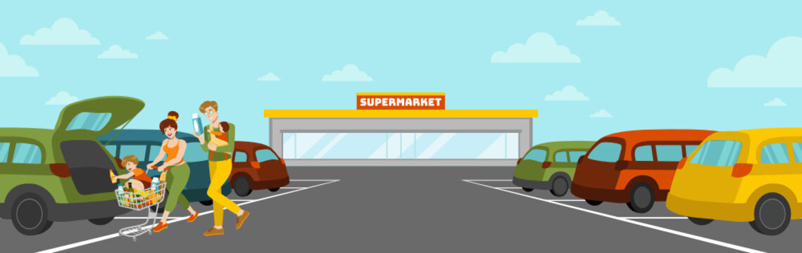 Vector Flat Illustration. Happy Family Walking To Their Car With Purchases. Shopping Trip. Supermarket Parking Lot. Putting Groceries In The Open Trunk. Mom, Dad And Kids. Paved Area. Food Trolley