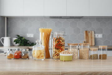 spices and pasta in jars on the table