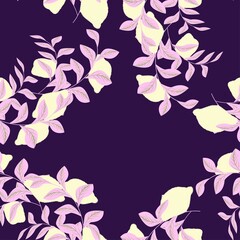 lemon wreath with pink leaf branch isolated on purple background seamless vector pattern