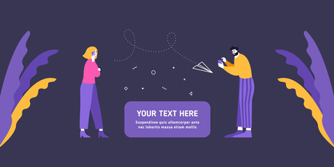 People Send messages Concept. Man and woman characters with smartphones are sending voice and letter messages.