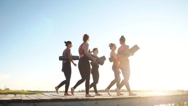 Funny diverse group of happy smiling talking women together goes along wooden bridge near water in sunshine holding in hands mats on fitness training. Ready to sport, active physical leisure outdoors