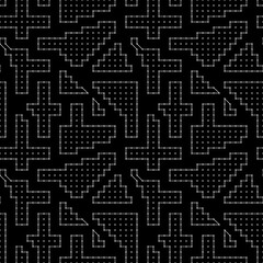 Seamless pattern. Figures, dots ornament. Folk wallpaper. Simple shapes, spots backdrop. Embroidery background. Tribal motif. Ethnic mosaic. Digital paper, textile print, abstract vector, web design.