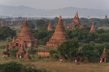 Sunrise Pagodas stupas and temples of Bagan in Myanmar, Burma