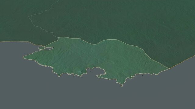 Montevideo, department with its capital, zoomed and extruded on the relief map of Uruguay in the conformal Stereographic projection. Animation 3D