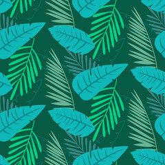 Tropical seamless pattern with palm tree leaves.