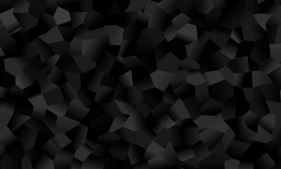 Glowing Black Low Poly Irregular Polygonal Pattern Background. Galvanized Dark Metal Surface. Dark Sparkling Charcoal Gray Gradient Texture. Gleaming Random Metallic Specs.