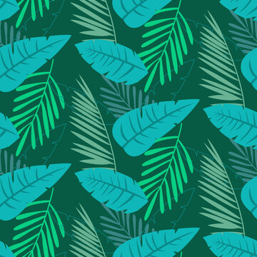 Tropical seamless pattern with palm tree leaves.