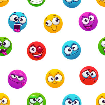 Seamless pattern with funny colorful comic emoji faces on white.
