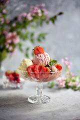 different ice cream with fruits and berries, cube   ice cream