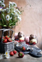 different ice cream with fruits and berries, cube   ice cream