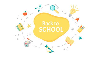 Back to school vector banner design with colorful school elements, education items, and space for text isolated on white background. Vector flat cartoon illustration.