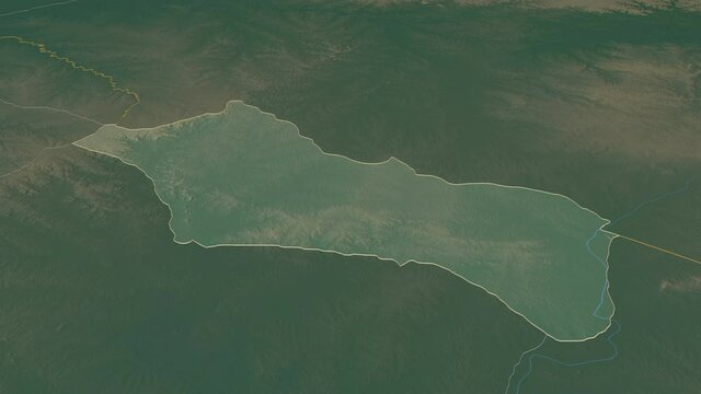 Rivera, department with its capital, zoomed and extruded on the relief map of Uruguay in the conformal Stereographic projection. Animation 3D