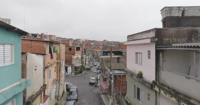 Aerial view of Favela slum in Brazil in Sao Paulo. Social Problem
