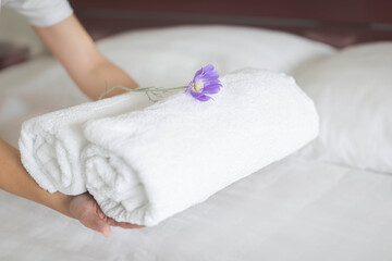 Maid placing two rolls of towels on a hotel bed with a purple flower