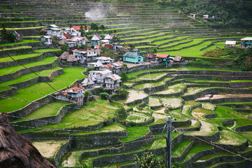 Traditional village in the middle of rice terraces. Colorful houses are scattered along the...