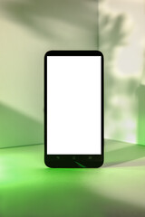 Standing phone Mockup on minimalistic showcase, with green abstract plant shapes on background