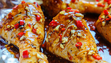Raw chicken legs in a marinade with spices on a baking foil. Top view. Chicken meat close-up.