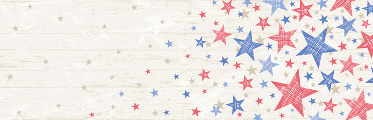 Obraz premium Banner with grunge USA background with red and blue stars. Decorative American banner suitable for background, headers, posters, cards, website. Vector illustration