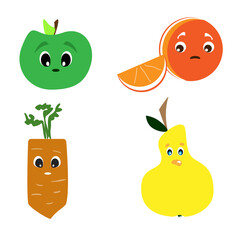Funny fruits faces, ingredients for cooking or menu illustrations. Carrot, pear, apple and orange set, doodle illustration of health and vegan food for kids 