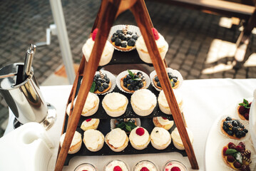 Fruit decorated cupcakes at wooden stand. Fresh blueberries and raspberries. desserts at party. Celebration, party, birthday or wedding concept.