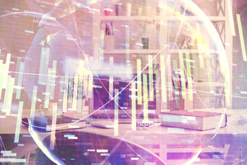 Double exposure of business theme drawing and office interior background. Concept of success