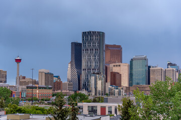 Fototapeta na wymiar View of Calgary's skyline on a moody spring evening.