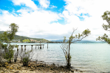 Afternoon view of small rustic wooden jetty at Mandalay off Airlie Beach when the tide is out