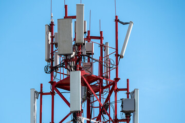metal tower for broadcasting and television and high-speed Internet. antennas and transmitters with...