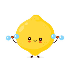 Cute happy funny lemon fruit with dumbbells