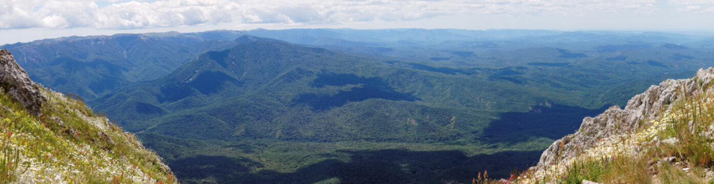 On the top of the world, panorama of Crimean sierra view from Eklizi Burun peak on Chatyr-dag mount 
