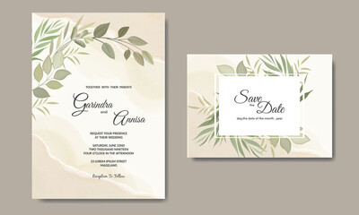 Fototapeta na wymiar Wedding invitation card template set tropical leaves decoration Premium Vector