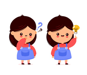 Cute happy girl with question mark and light bulb