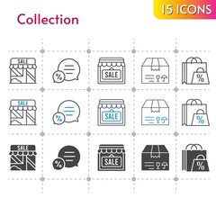 collection icon set. included shopping bag, shop, package, chat icons on white background. linear, bicolor, filled styles.