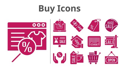 buy icons set. included shopping bag, online shop, sale, mortgage, price tag, shopping cart, discount, barcode, open icons. filled styles.