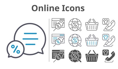 online icons icon set included online shop, chat, phone call, shopping-basket, internet, shopping basket icons