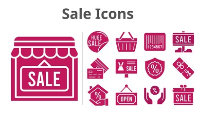 sale icons set. included gift, online shop, sale, shop, mortgage, discount, warranty, shopping-basket, credit card, barcode, open icons. filled styles.