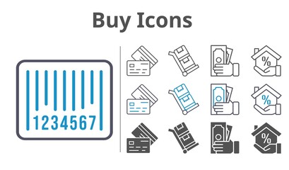 buy icons icon set included mortgage, money, credit card, barcode, trolley icons