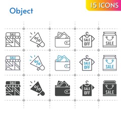 object icon set. included megaphone, shopping bag, shop, wallet, shirt icons on white background. linear, bicolor, filled styles.