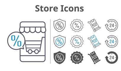 store icons icon set included online shop, 24-hours, warranty, discount, trolley icons