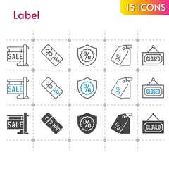 label icon set. included sale, price tag, discount, warranty, closed icons on white background. linear, bicolor, filled styles.