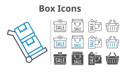 box icons icon set included gift, shopping bag, shopping-basket, shopping basket, trolley icons