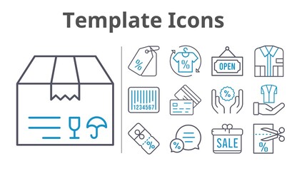 template icons set. included gift, package, shirt, chat, voucher, price tag, discount, jacket, credit card, barcode, open icons. bicolor styles.