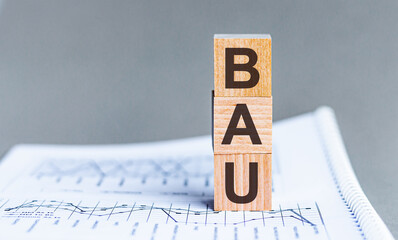 Word BAU - business as usual - acronym concept on cubes and diagrams on a gray background. Business...