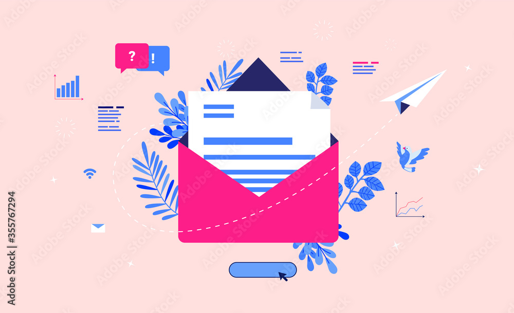 Aufkleber e-mail marketing illustration. open mail envelope with communication and statistics around. paper pl