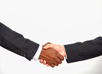 Close up of African businessman black people partnership handshake between together caucasian white people hands, two businessmen great deal, studio shot isolated on white background