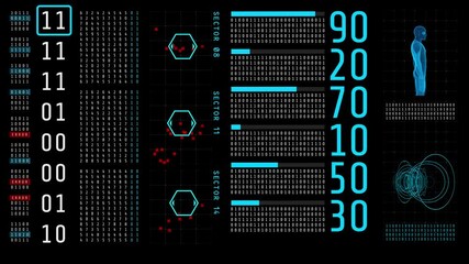 Screen technology digital display data infarmation. Binary code processing output digital number and hologram scan. Concept of technology digital, HUD interface, sound graphic digital and holographic  - Powered by Adobe