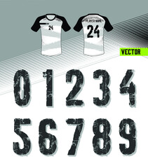 Sport Jersey shirt number/ Uniform numbers in white with a white outside contour line  on white gray for American football, Baseball and Basketball or soccer for shirt