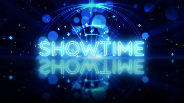 SHOWTIME Blue Neon Text Animation reveal with beautiful blue bokeh futuristic light background, 3D Rendering Showtime banner blinking neon sign style for promote your video. 